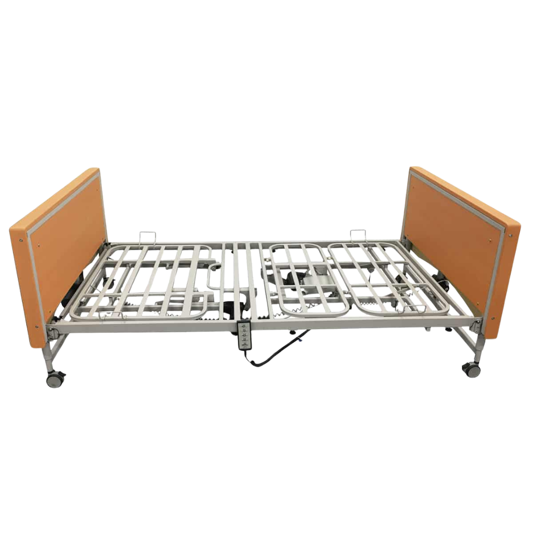 BetterLiving Community Bed with electric height adjustment, timber-look head and footboards, and optional side rails, designed for aged care, disability support, and home healthcare environments.