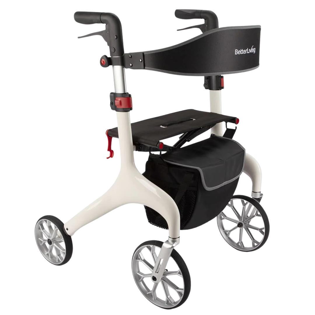 Lightweight carbon fibre rollator with ergonomic handles, seat, and smooth wheels designed to support safe, stable mobility for daily indoor and outdoor use.