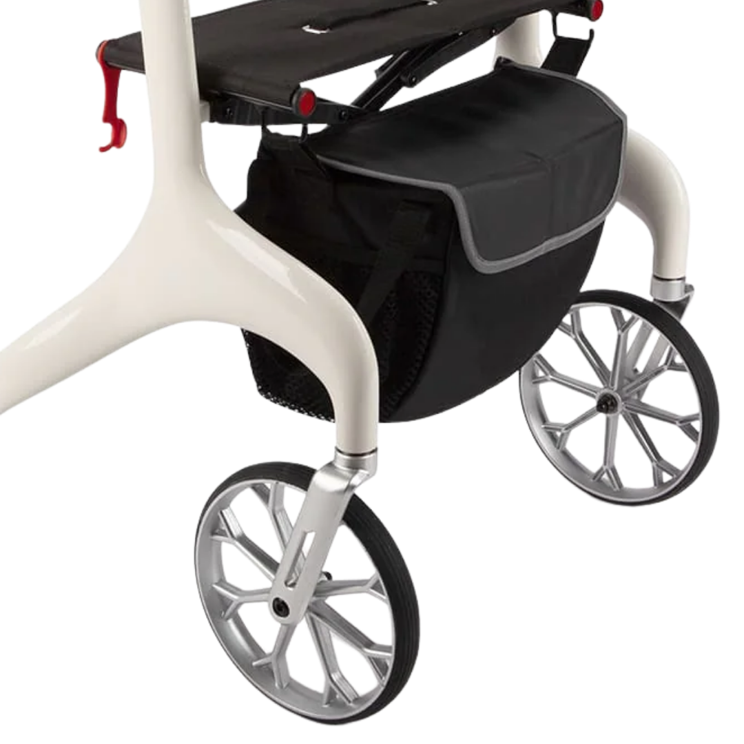 Lightweight carbon fibre rollator with ergonomic handles, seat, and smooth wheels designed to support safe, stable mobility for daily indoor and outdoor use.