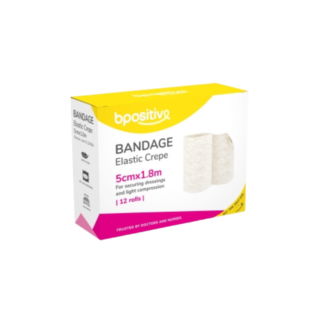 Bpositive Elastic Crepe Bandage in multiple sizes, providing reliable compression and secure dressing support for sprains, strains, and wound care.