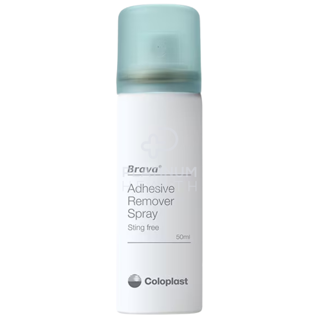 A bottle of Brava Adhesive Remover Spray by Coloplast, with a white label and a blue cap.