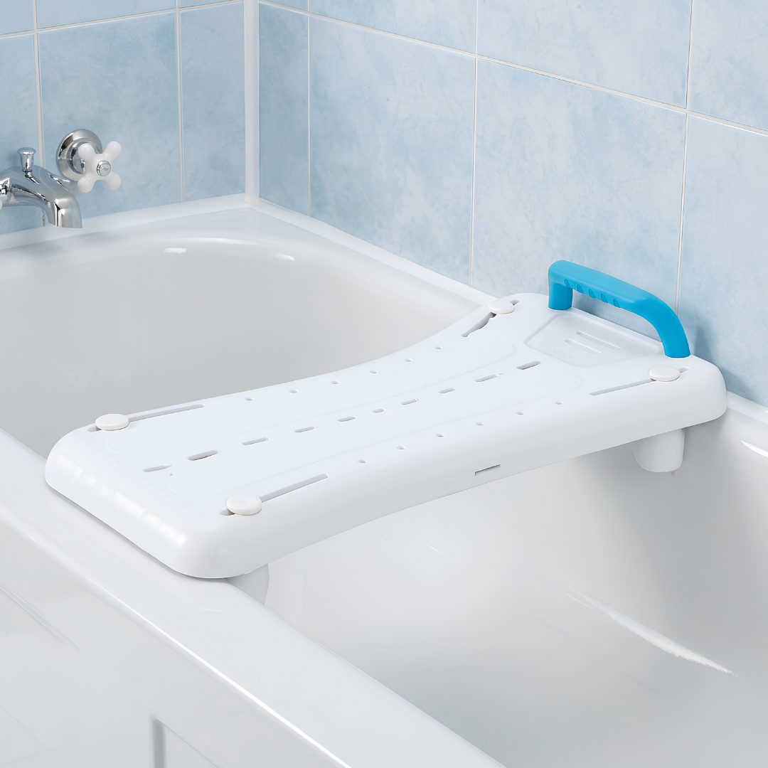Breezy Everyday adjustable bath board, durable lightweight design, width adjustable fittings, stable seating surface, supports safe bathing and independence.