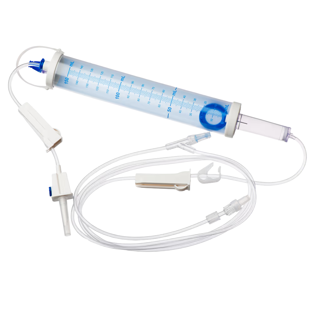 Sterile single-use burette infusion set, 150mL chamber calibrated at 60 drops/mL, needleless access site, safety shutoff valve, 230cm tubing for IV therapy.