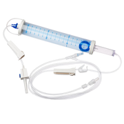 Sterile single-use burette infusion set, 150mL chamber calibrated at 60 drops/mL, needleless access site, safety shutoff valve, 230cm tubing for IV therapy.
