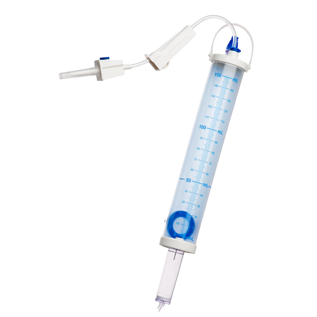 Sterile single-use burette infusion set, 150mL chamber calibrated at 60 drops/mL, needleless access site, safety shutoff valve, 230cm tubing for IV therapy.