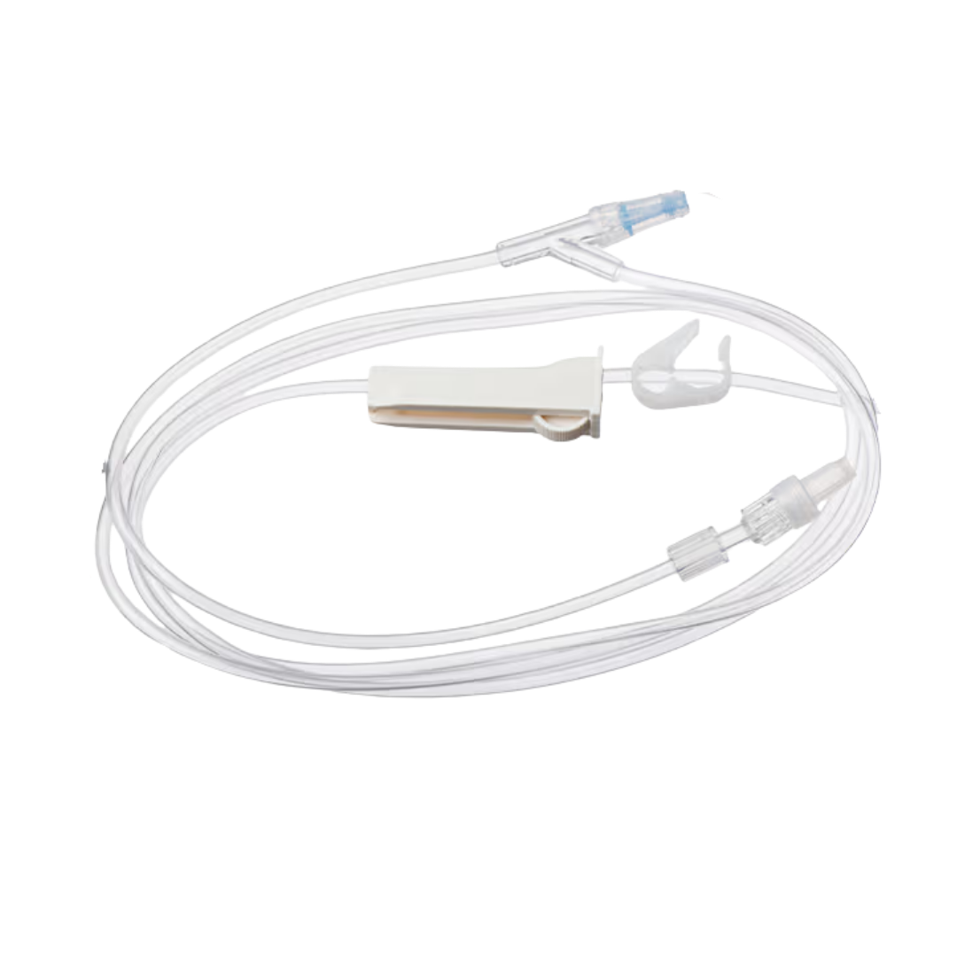 Sterile single-use burette infusion set, 150mL chamber calibrated at 60 drops/mL, needleless access site, safety shutoff valve, 230cm tubing for IV therapy.
