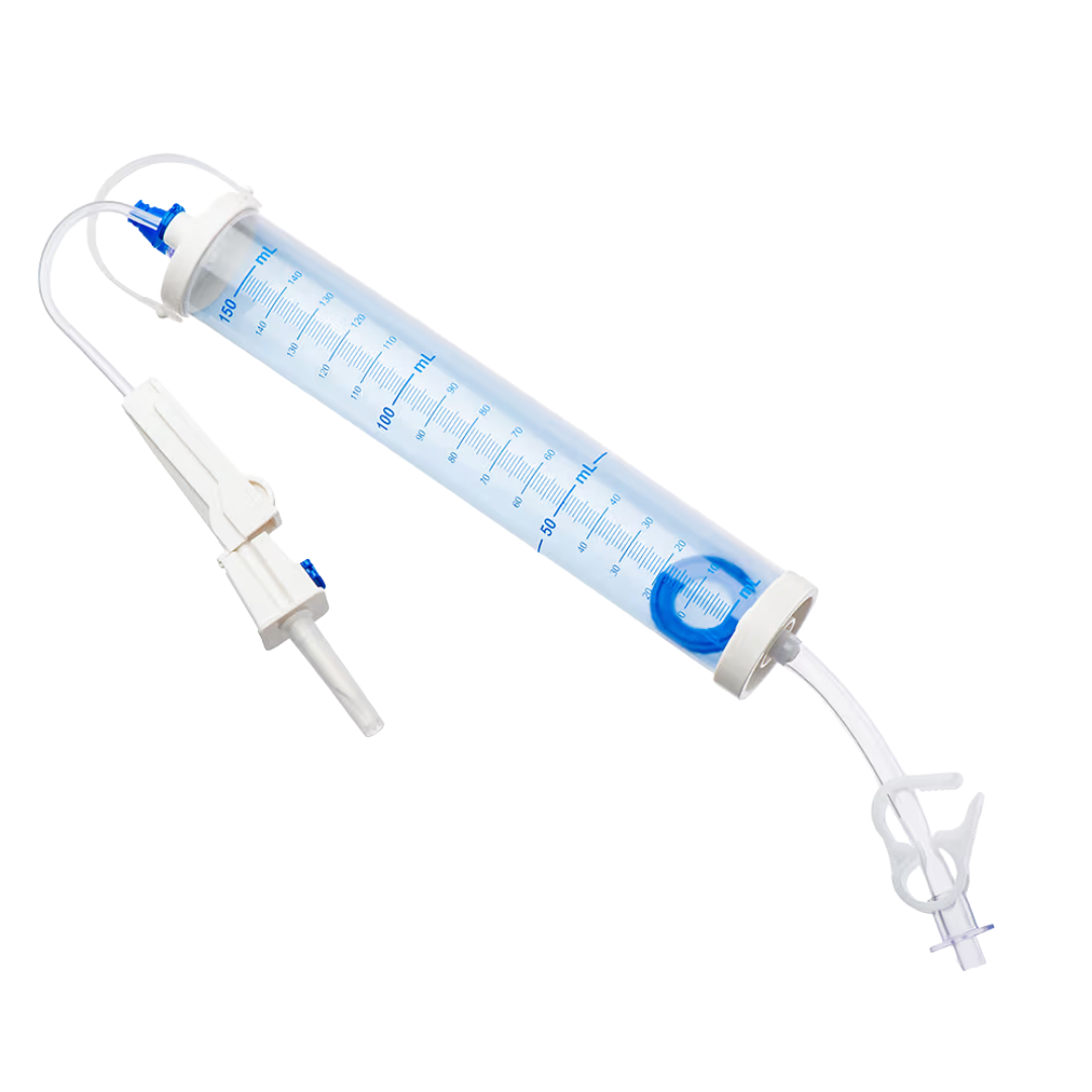 Sterile single-use burette infusion set, 150mL chamber, needleless access site, safety shutoff valve, 25cm tubing for accurate IV fluid administration.