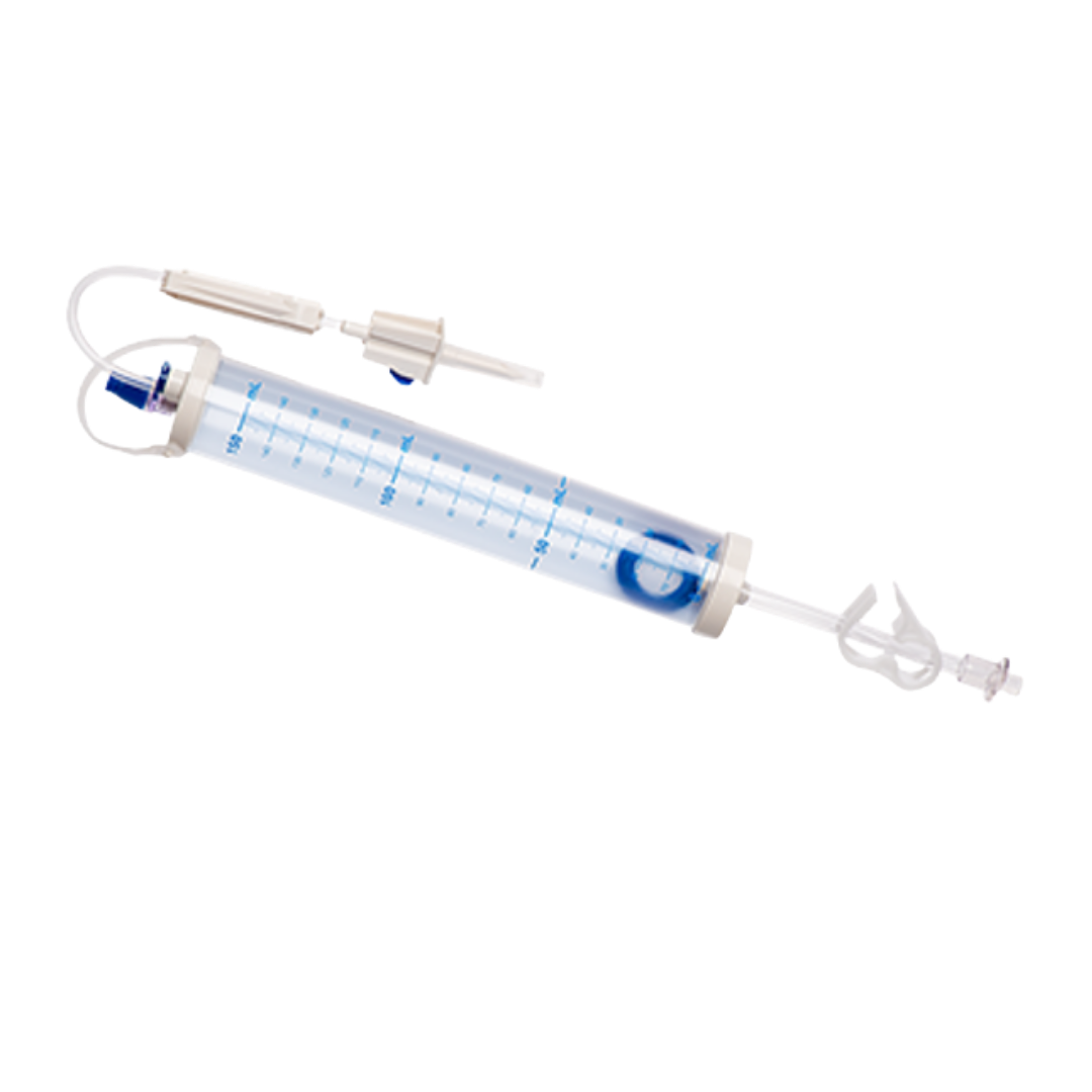 Sterile single-use burette infusion set, 150mL chamber, needleless access site, safety shutoff valve, 25cm tubing for accurate IV fluid administration.