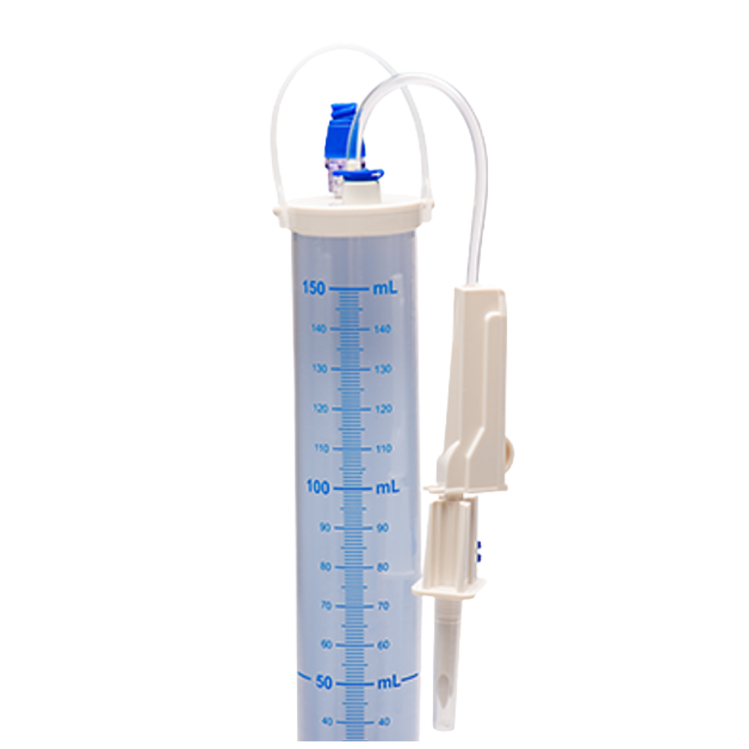 Sterile single-use burette infusion set, 150mL chamber, needleless access site, safety shutoff valve, 25cm tubing for accurate IV fluid administration.