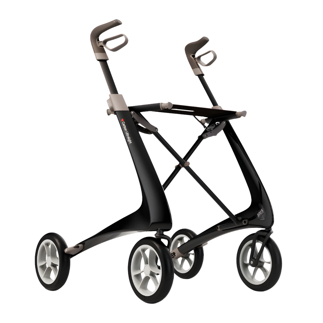 Byacre Carbon Ultralight Walker in multiple sizes and colours, lightweight carbon fibre rollator designed for stable, comfortable daily mobility indoors and outdoors.