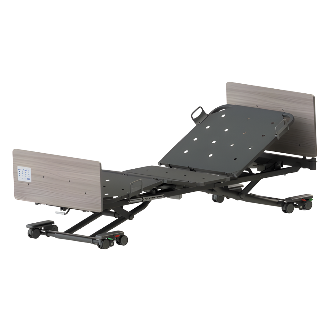 CB12 Floorline Bed in Single and King Single variants, available in Tas Oak, Sublime Teak, and Ash Brown finishes, designed for safe patient care.