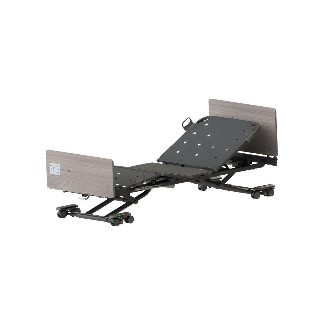 CB12 Floorline Bed in Single and King Single variants, available in Tas Oak, Sublime Teak, and Ash Brown finishes, designed for safe patient care.