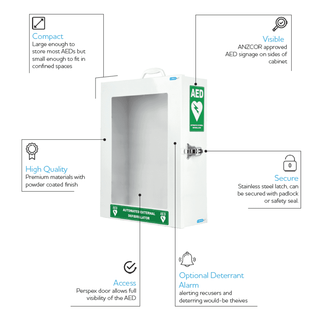 CardiAct Standard AED Cabinet feature diagram showing viewing window, latch and signage