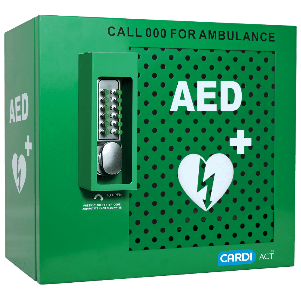 CardiAct Alarmed Outdoor AED Cabinet with keypad lock, green steel cabinet front view