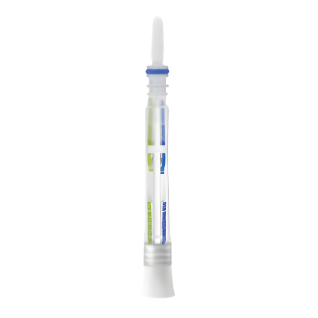 Single white 2SAN 4-in-1 rapid antigen test pen showing test window indicator strips for COVID-19, Influenza A, Influenza B, and RSV on a transparent background.