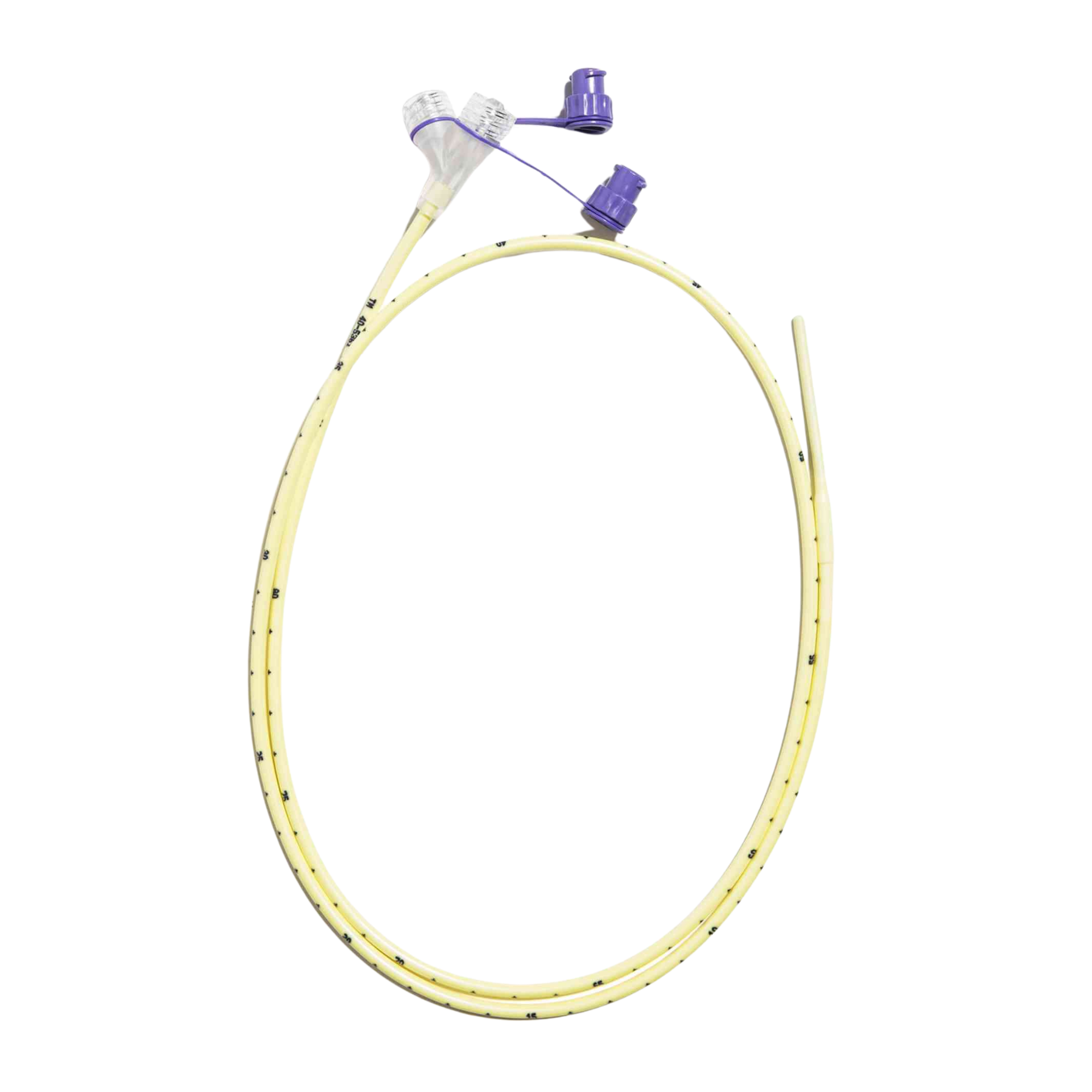Coiled CORFLO 6Fr neonatal nasogastric feeding tube featuring yellow tubing and a purple and clear ENFit connector end.