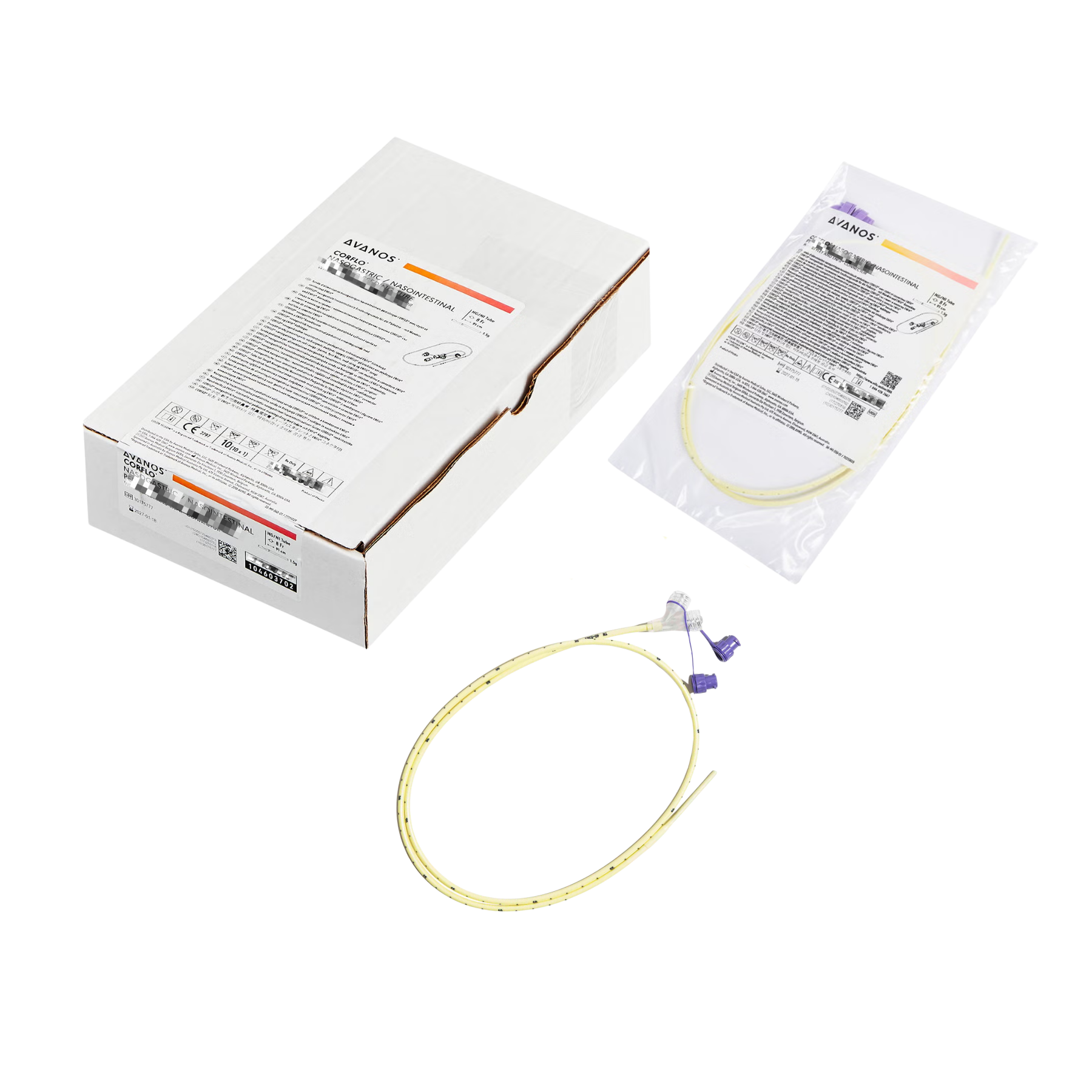 Avanos CORFLO 6Fr 91cm neonatal nasogastric feeding tube display featuring the white product box, individual sealed packaging pouch, and the coiled yellow tube with purple ENFit connector on a transparent background.