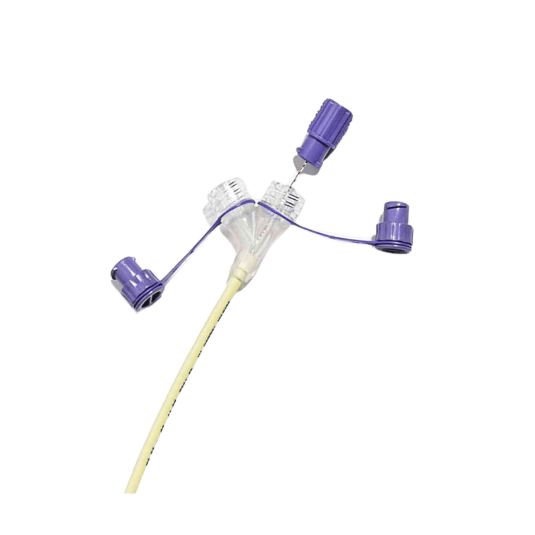 A close-up view of the proximal end of a CORFLO 6Fr nasogastric feeding tube, showing the purple ENFit connectors, clear central hub, attached stylet handle, and yellow-tinted tube, set against a transparent checkered background.