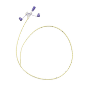 A single coiled CORFLO 6Fr 91cm nasogastric feeding tube featuring purple ENFit connectors, an integrated stylet, and a weighted distal tip, shown against a transparent checkered background.