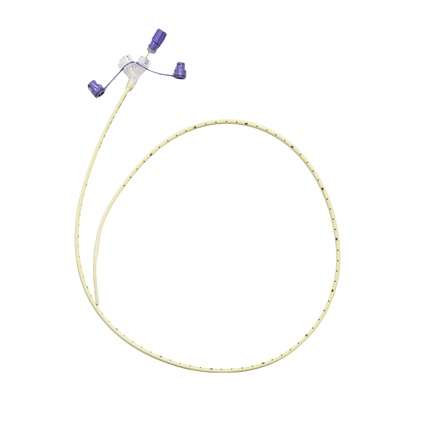A single coiled CORFLO 6Fr 91cm nasogastric feeding tube featuring purple ENFit connectors, an integrated stylet, and a weighted distal tip, shown against a transparent checkered background.