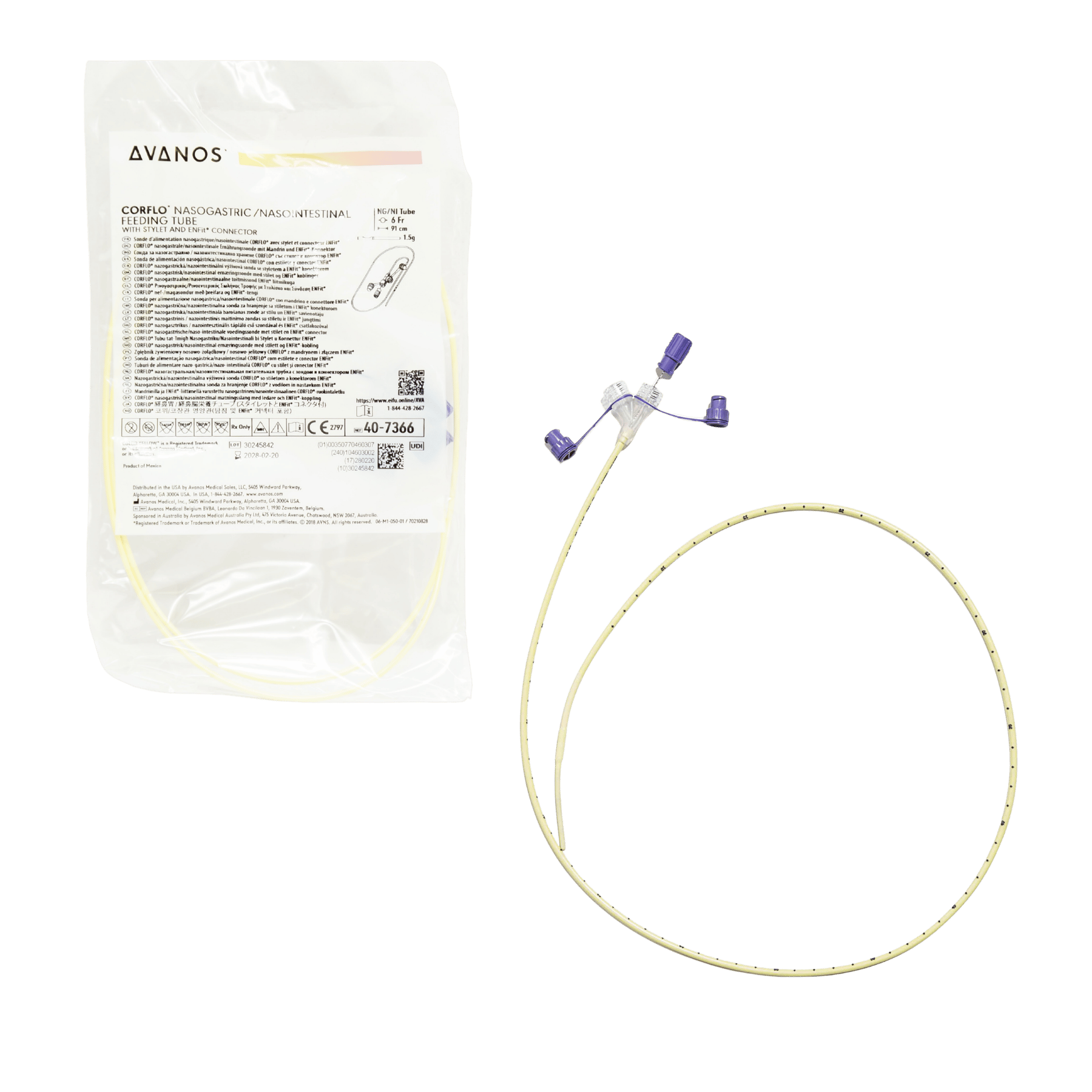 A sealed white AVANOS medical package displayed beside a coiled CORFLO 6Fr 91cm nasogastric feeding tube with purple ENFit connectors, set against a transparent checkered background.