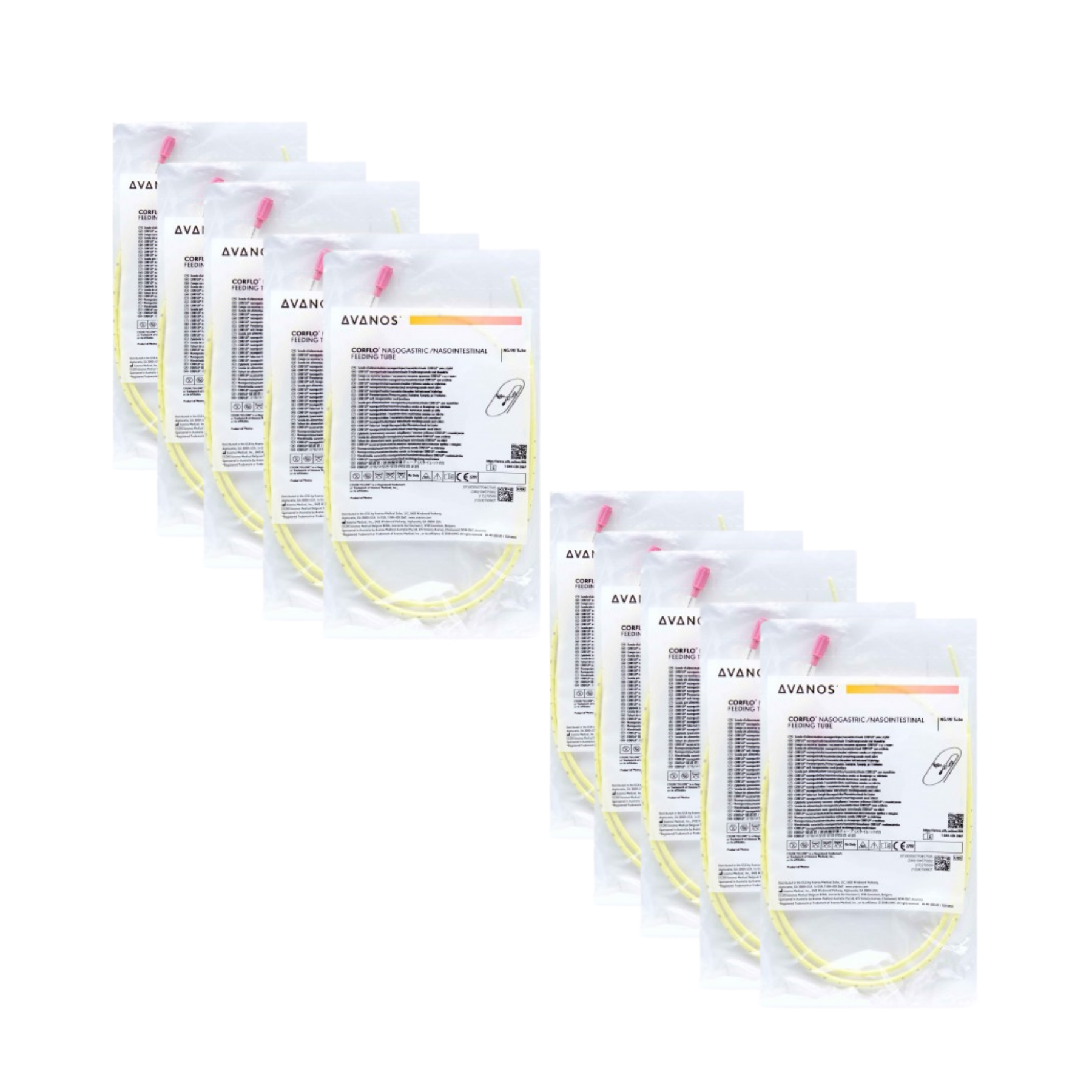 Ten packaged AVANOS CORFLO nasogastric feeding tubes arranged in two staggered rows of five on a transparent checkered background.