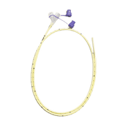 A single coiled CORFLO nasogastric feeding tube with purple ENFit connectors at the proximal end and a yellow-tinted weighted tip, set against a transparent checkered background.