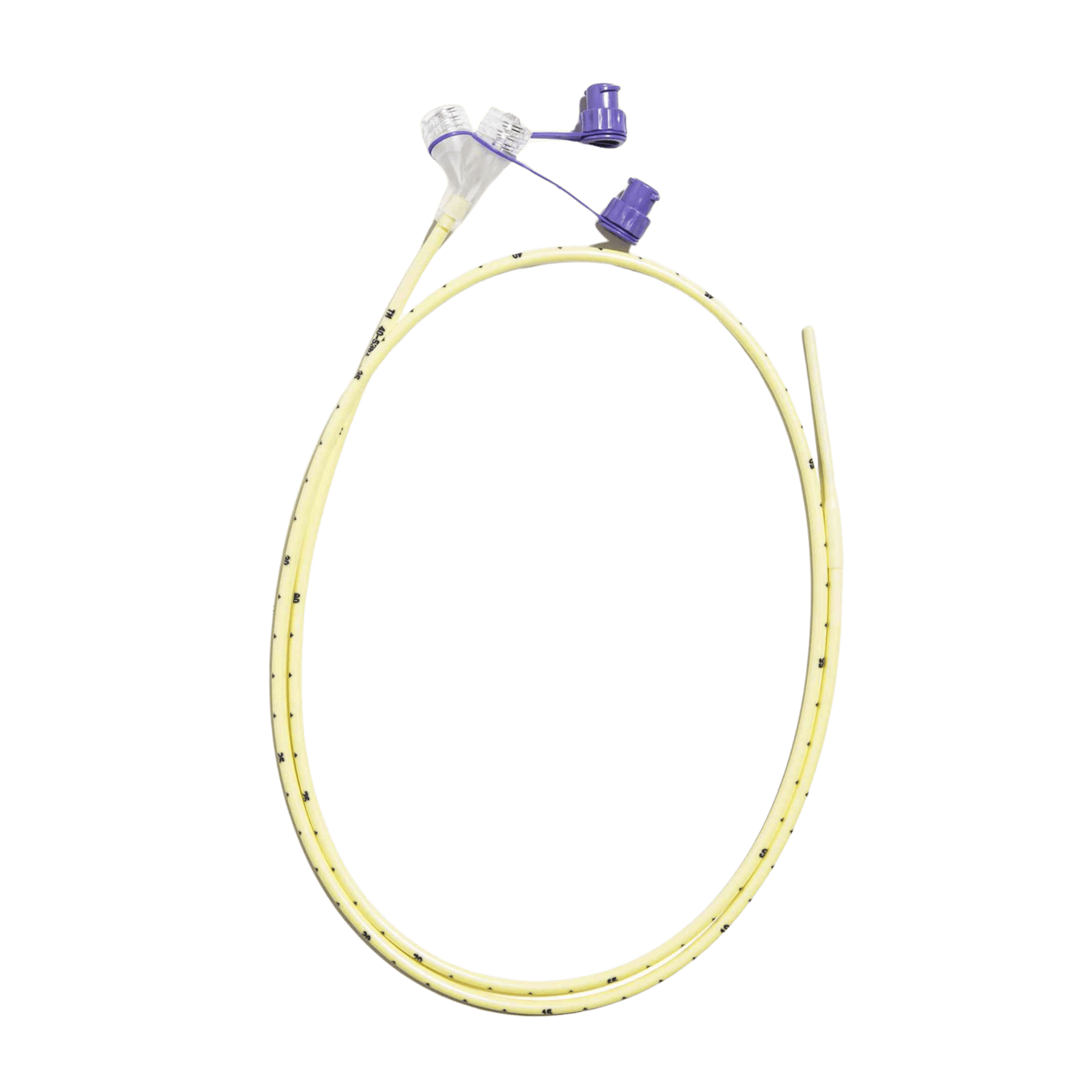 A single coiled CORFLO nasogastric feeding tube with purple ENFit connectors at the proximal end and a yellow-tinted weighted tip, set against a transparent checkered background.