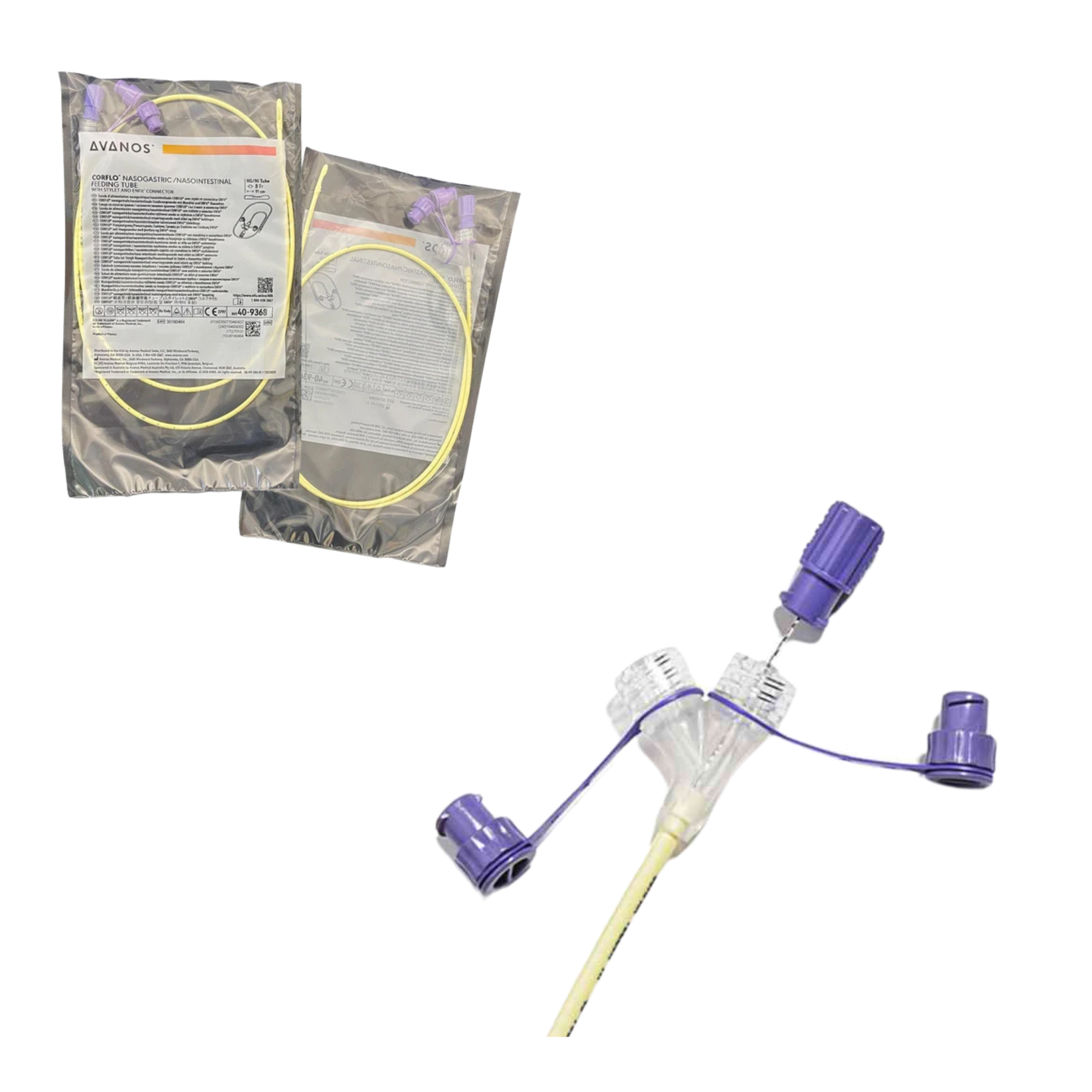 Two sterile packaged AVAMOS catheter components shown alongside the unpackaged catheter assembly on a plain white background.