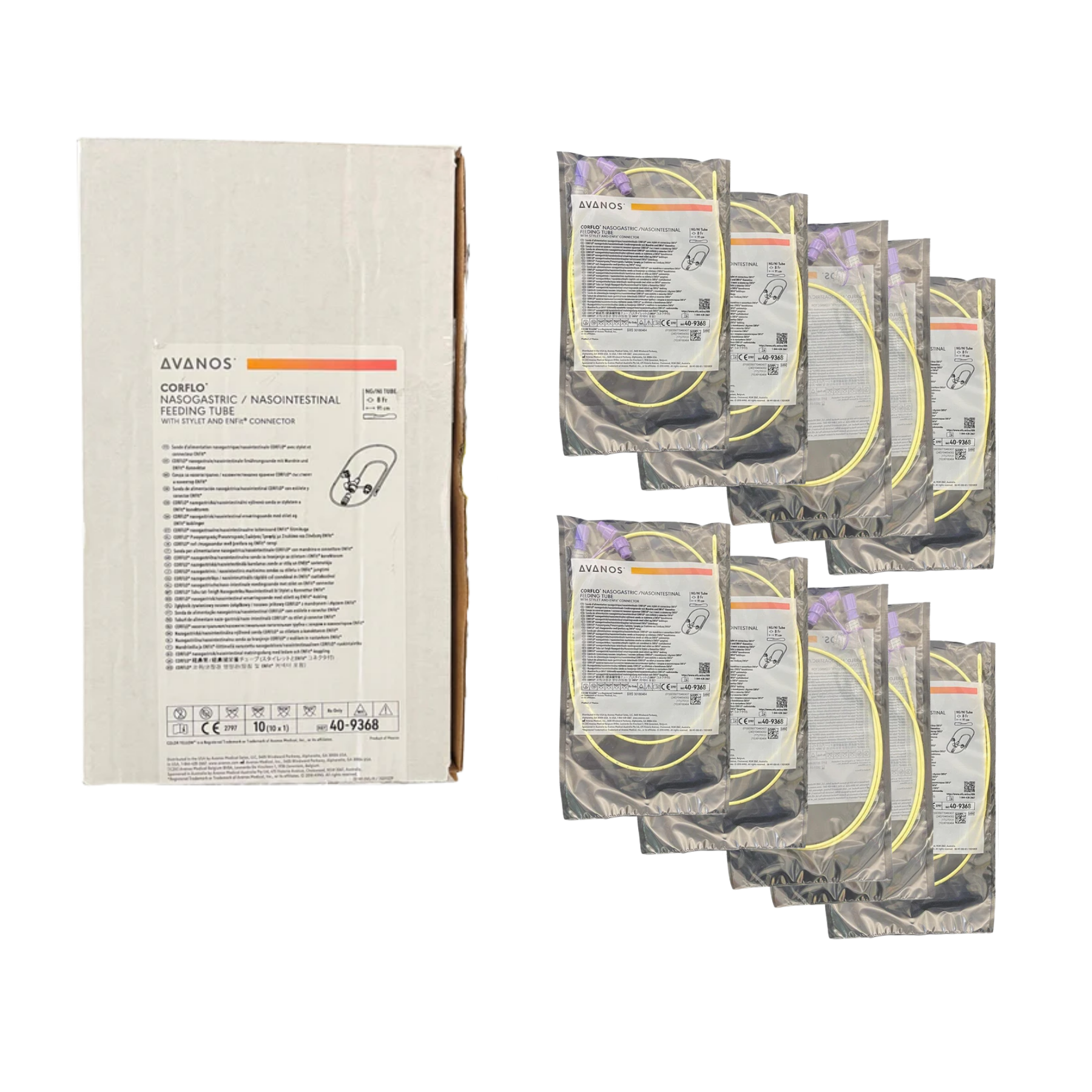 Box of 10 CORFLO 8 Fr 36-inch (91 cm) enteral nasogastric feeding tubes with insertion stylet and ENFit safety connector.