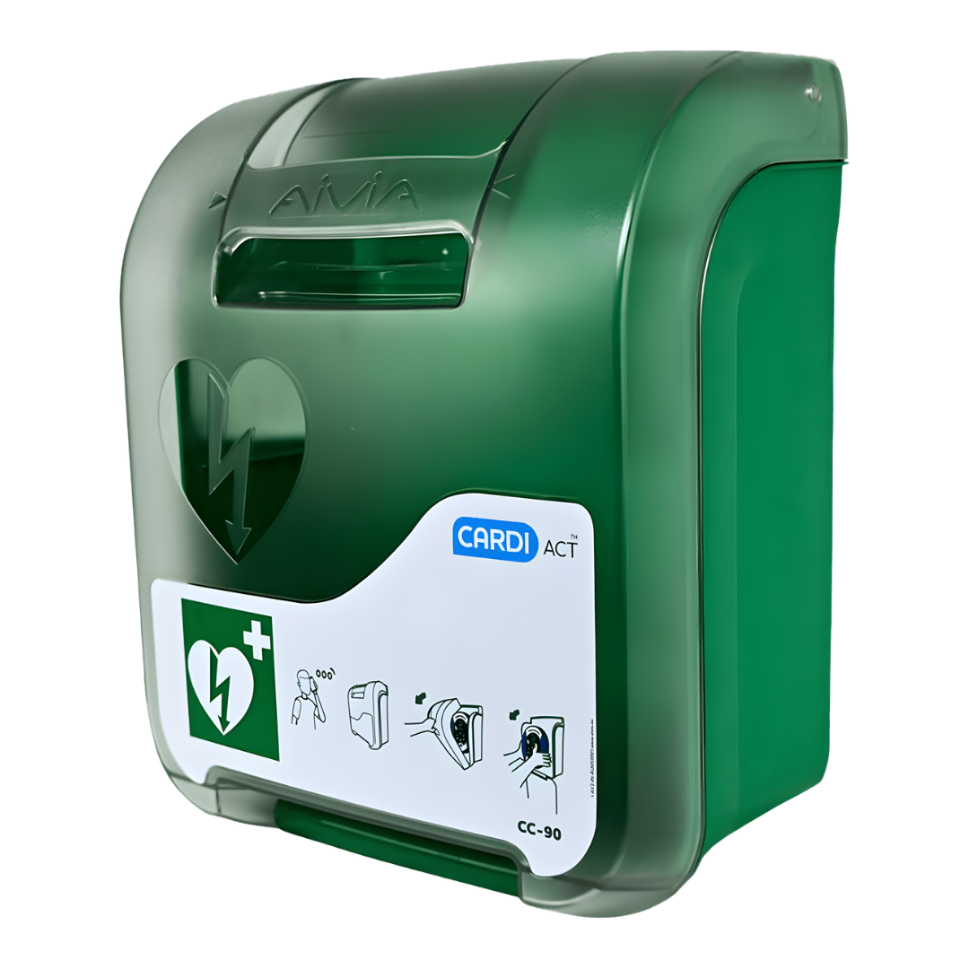 CardiAct Connect Secure Cabinet with Options – wall-mounted AED storage cabinet with clear front window, alarm system, and optional heating or lock features for secure and visible defibrillator access.