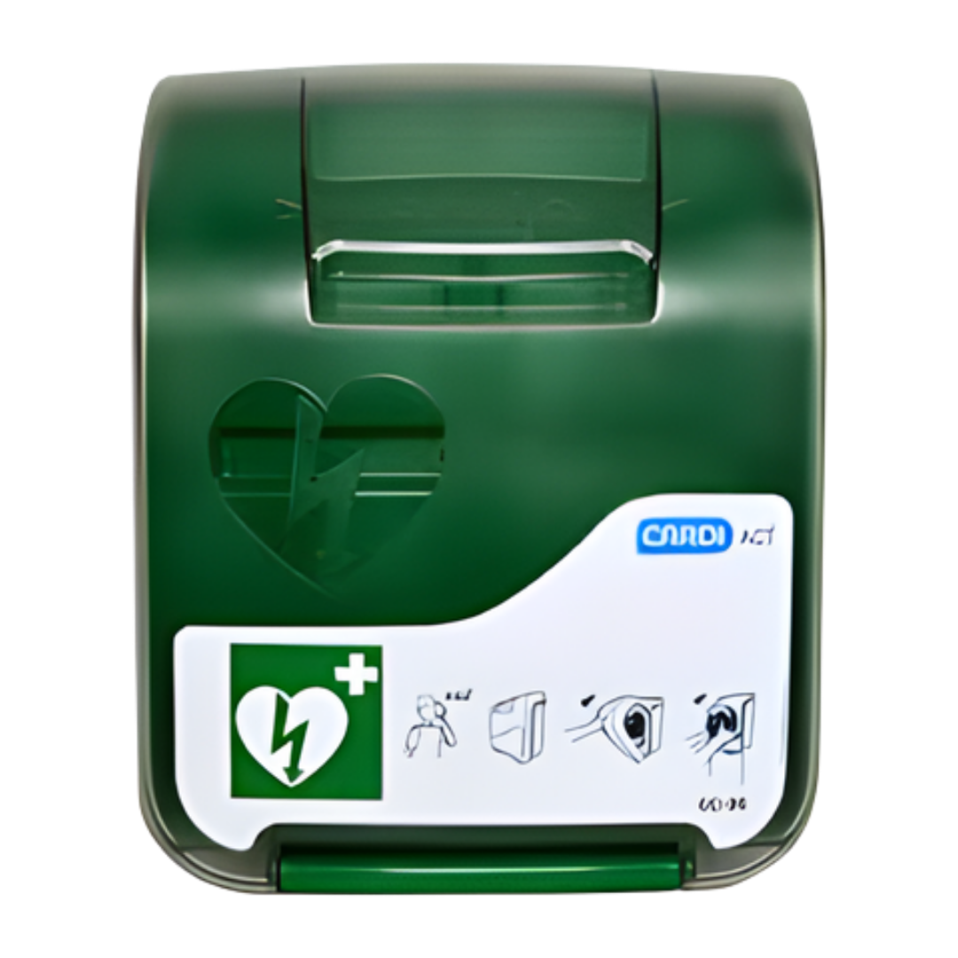 CardiAct Connect Secure Cabinet with Options – wall-mounted AED storage cabinet with clear front window, alarm system, and optional heating or lock features for secure and visible defibrillator access.
