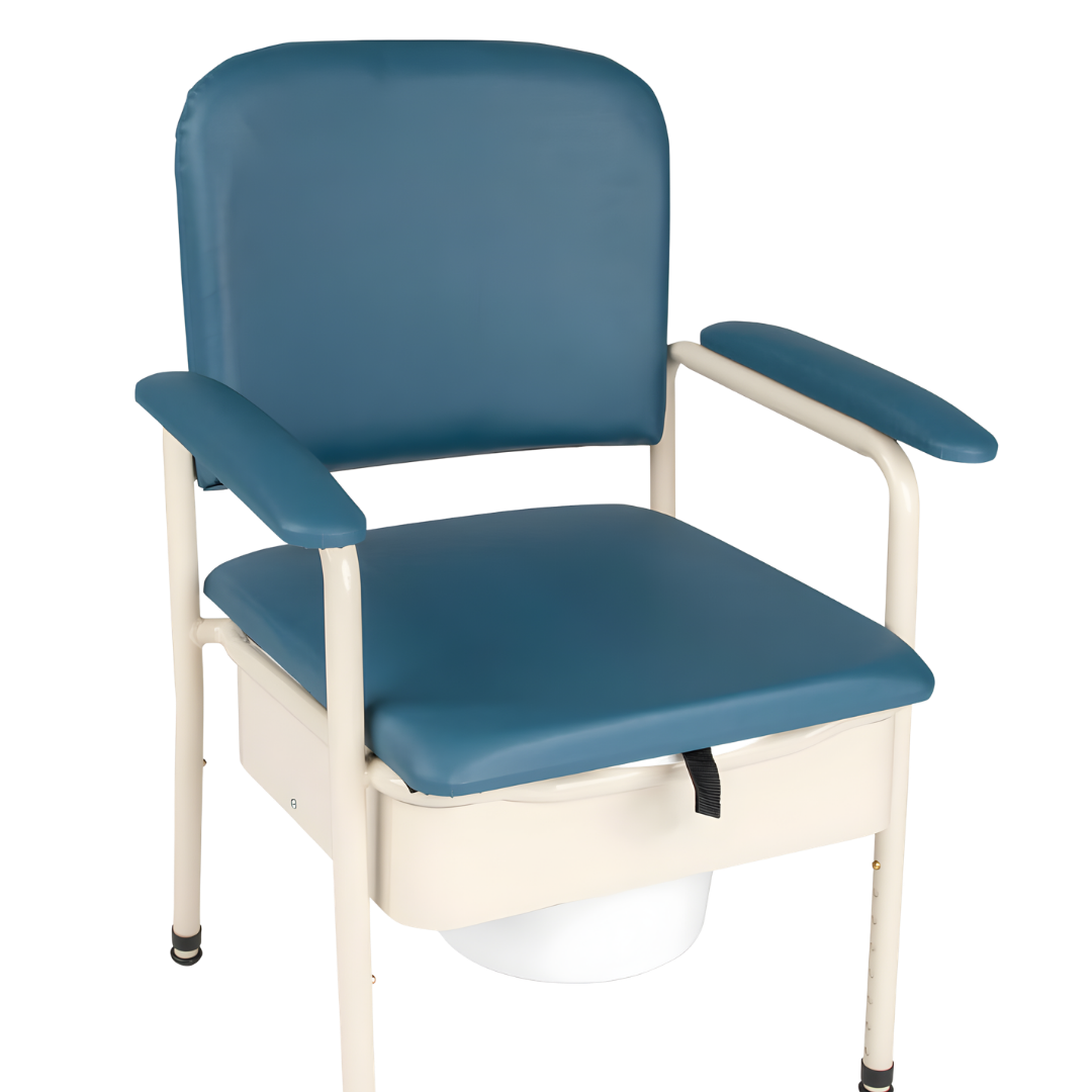 Care Quip Bedside Commode with Pan Deluxe Padded offers comfort, durability, and hygiene with padded seat, armrests, and removable pan for bedside toileting.