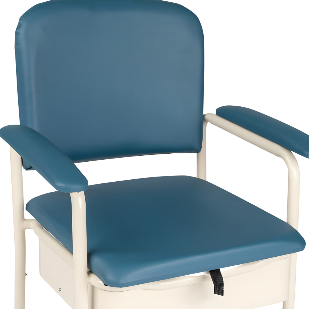 Care Quip Bedside Commode with Pan Deluxe Padded offers comfort, durability, and hygiene with padded seat, armrests, and removable pan for bedside toileting.