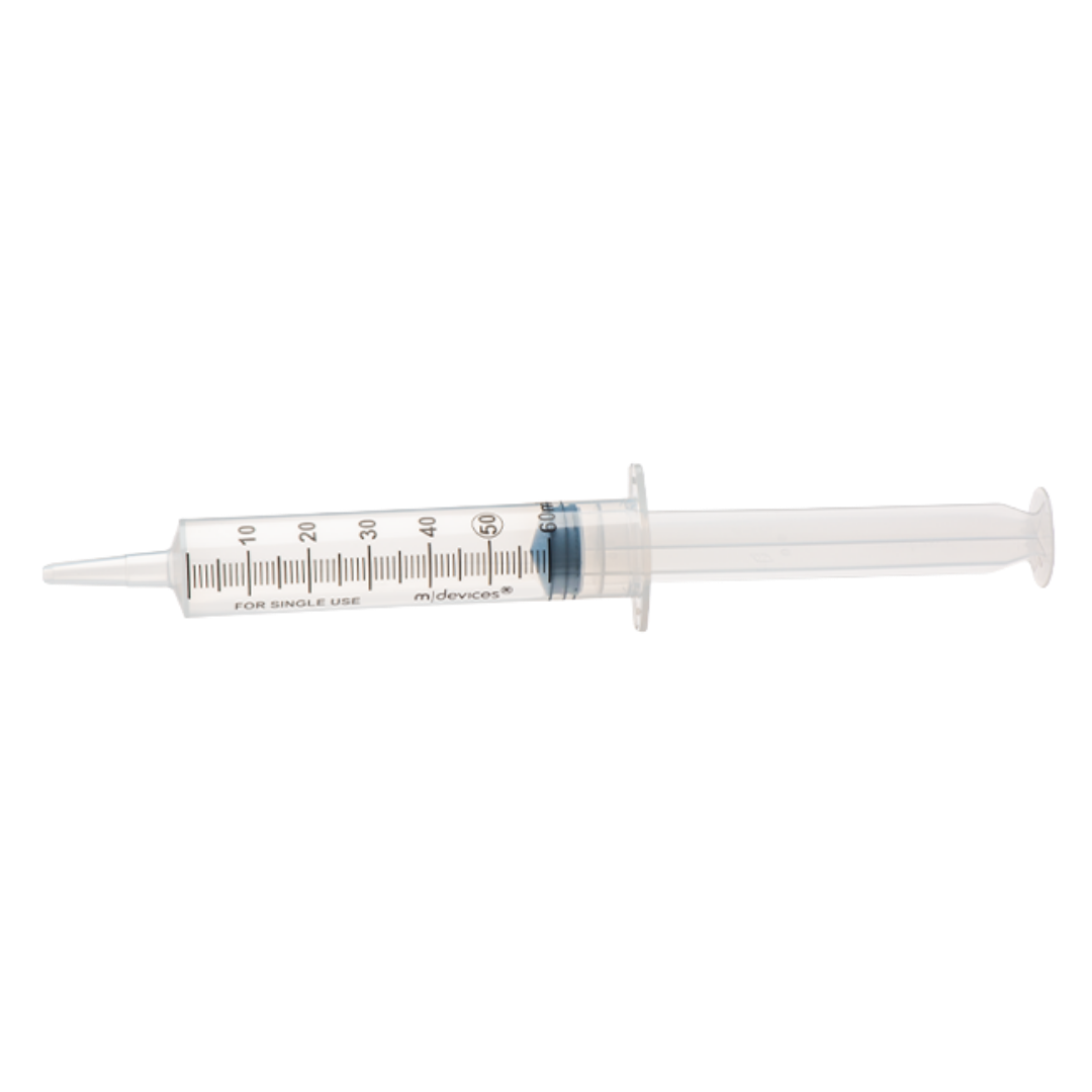 Sterile single-use catheter tip syringe, 60mL capacity, without needle, clear barrel with bold markings for accurate fluid administration and irrigation.