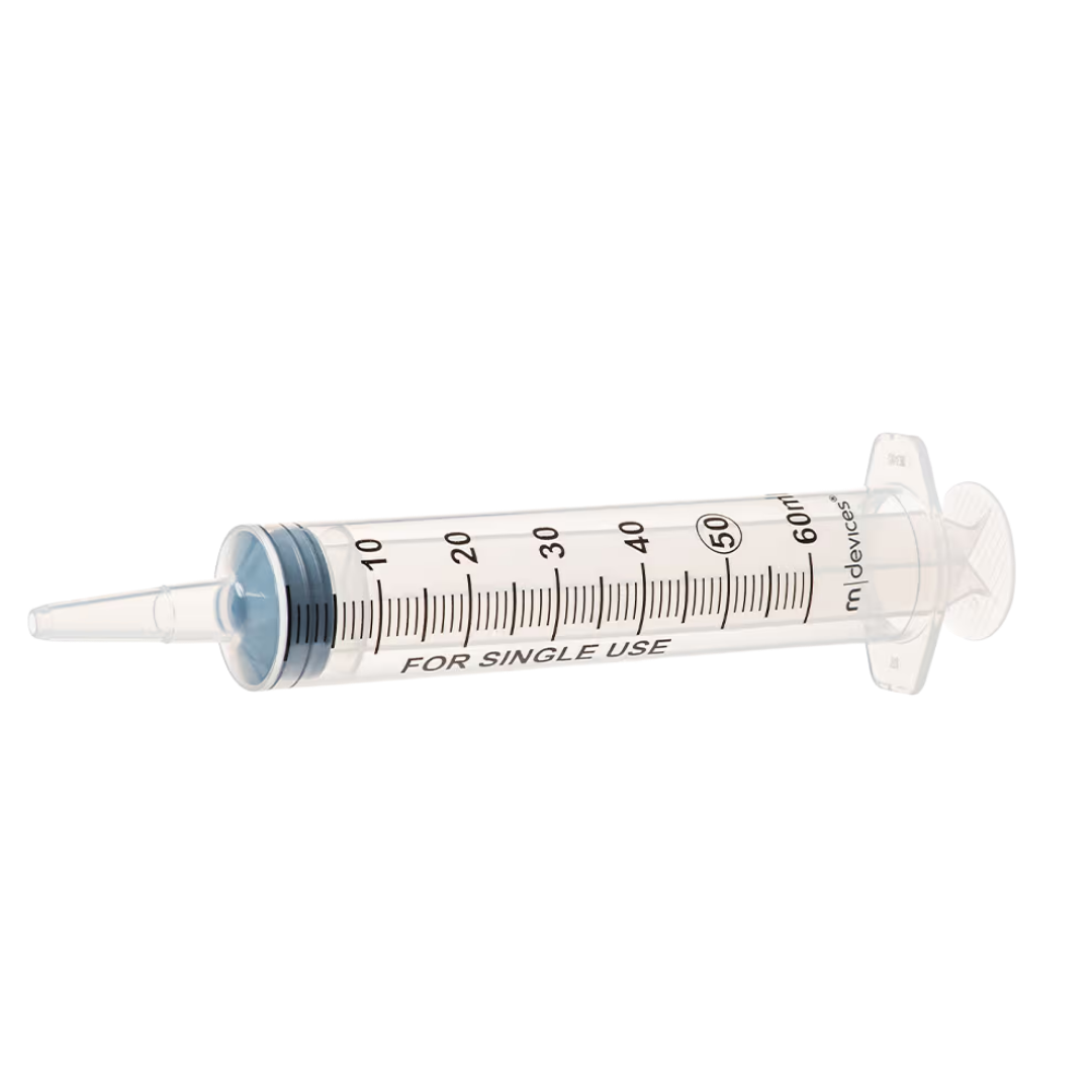 Sterile single-use catheter tip syringe, 60mL capacity, without needle, clear barrel with bold markings for accurate fluid administration and irrigation.