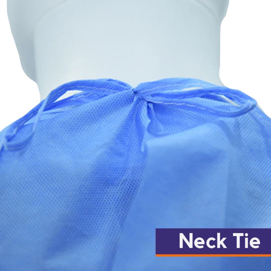 Clearview SMS isolation gown with knitted cuffs, blue 40gsm fabric, full back coverage and ties for secure infection control protection.