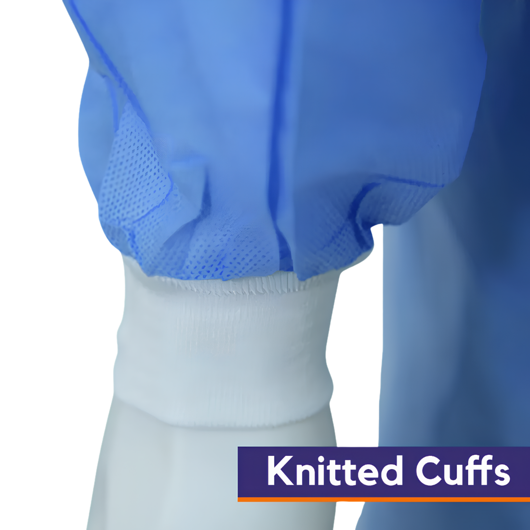 Clearview SMS isolation gown with knitted cuffs, blue 40gsm fabric, full back coverage and ties for secure infection control protection.