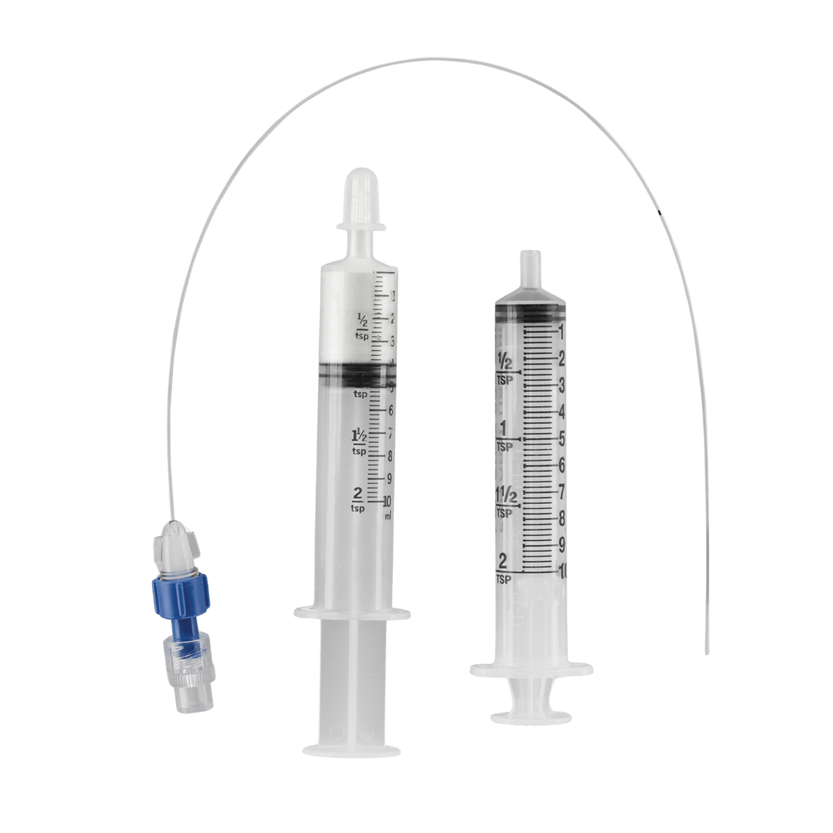 An AVANOS Clog Zapper enteral feeding tube declogging kit featuring two clear syringes with measurement markings, an ENFit connector adapter, and a long flexible catheter tube, set against a transparent checkered background.