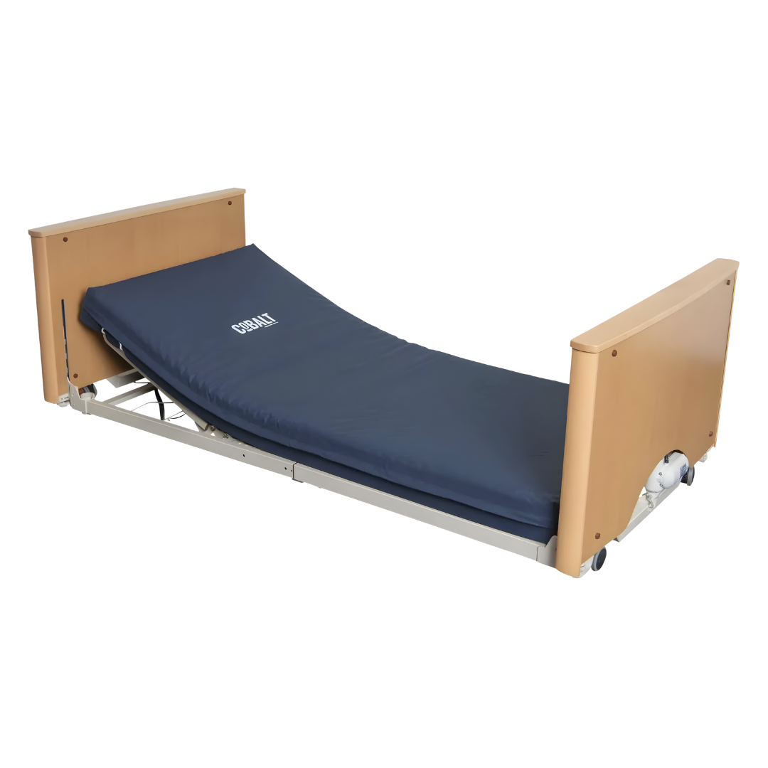 Cobalt Floorline Bed offers ultra‑low height positioning for fall prevention and safe care. Available in Single and King Single sizes for home and facility environments.