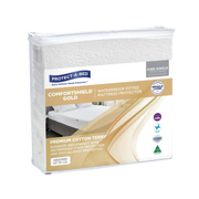 Comfortshield Gold Cotton Terry Waterproof Mattress Protector in King Single size, featuring a soft terry top and breathable waterproof backing for quiet, hygienic mattress protection in home and care settings.