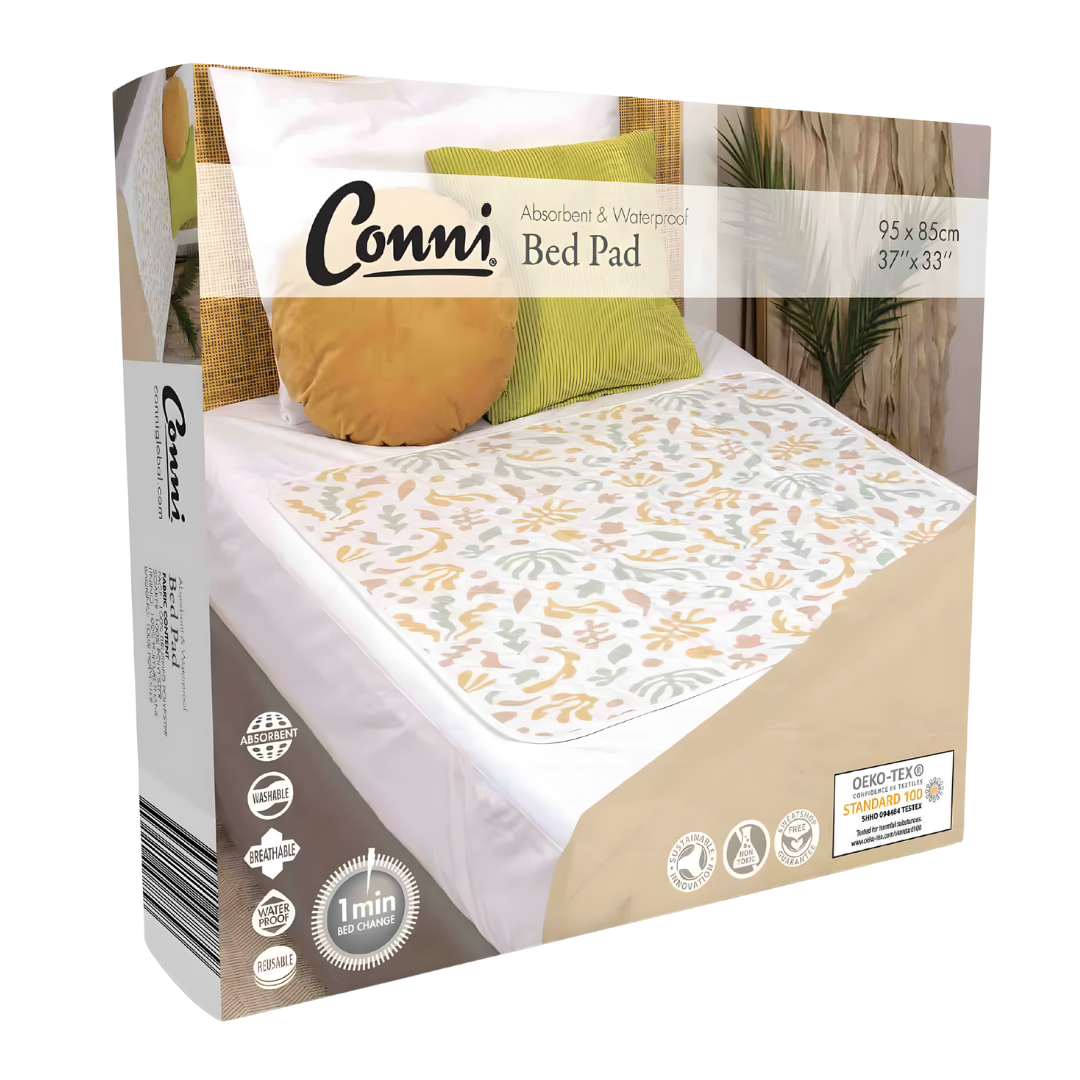 Conni Bed Pad Organic Print Standard variant, reusable washable continence aid providing bedding protection with soft absorbent fabric and stylish design.