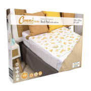 Conni Kids Bed Pad with tuck-ins, unicorn and dinosaur prints, reusable waterproof protection for children’s nighttime comfort and mattress safety.