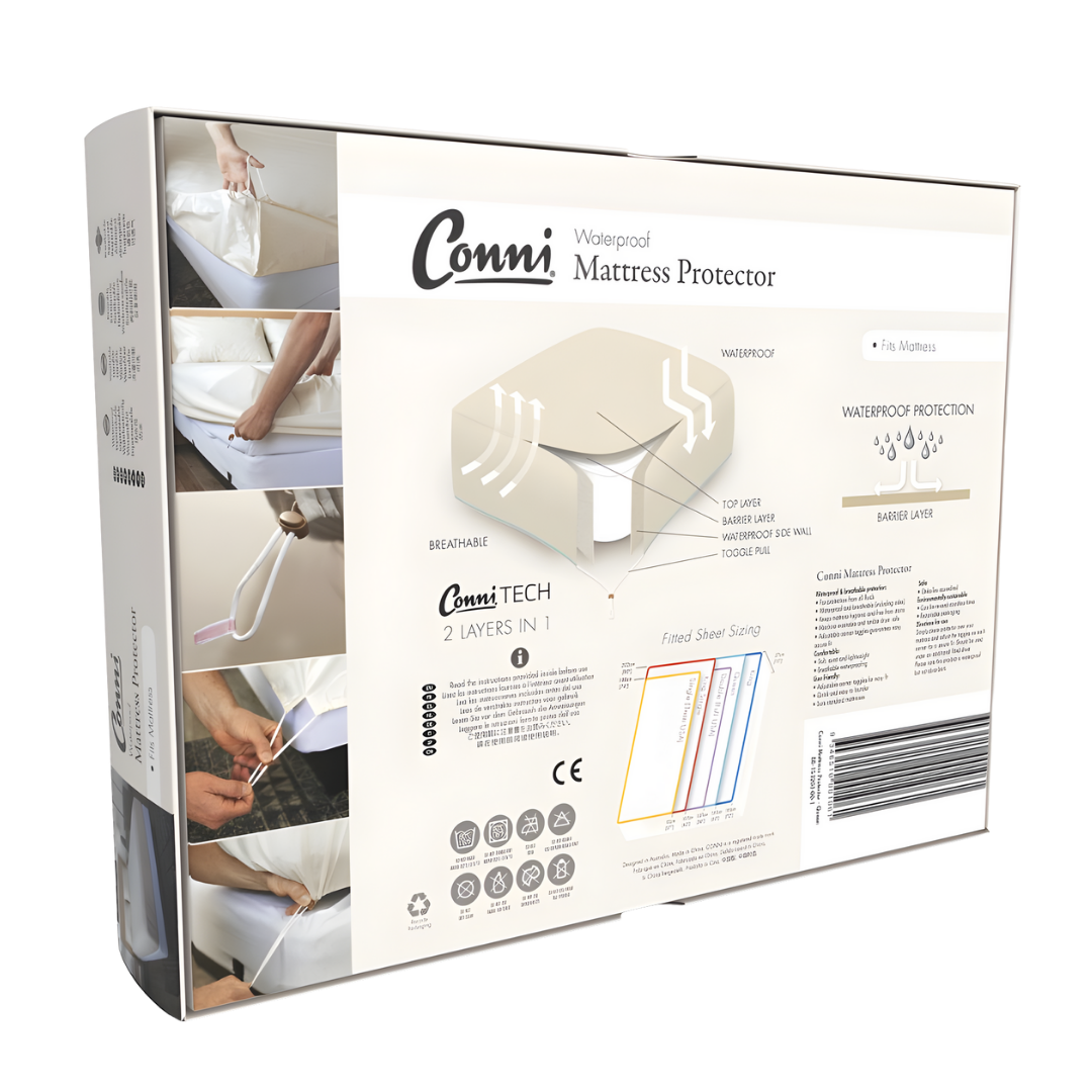 Conni Mattress Protector in Single, Double, King Single, Queen and King sizes provides discreet, washable waterproof bedding protection for comfort and dignity.