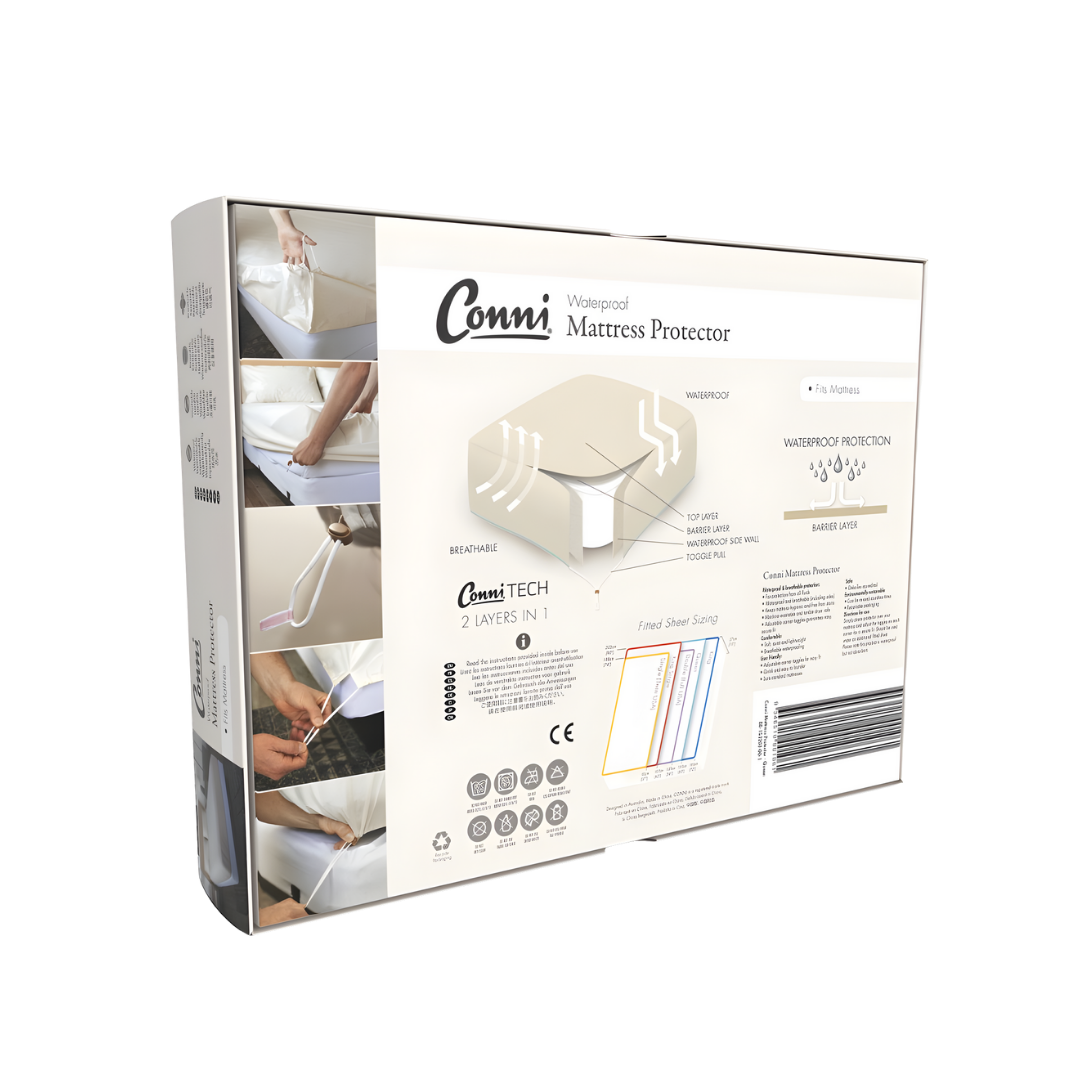 Conni Mattress Protector in Single, Double, King Single, Queen and King sizes provides discreet, washable waterproof bedding protection for comfort and dignity.