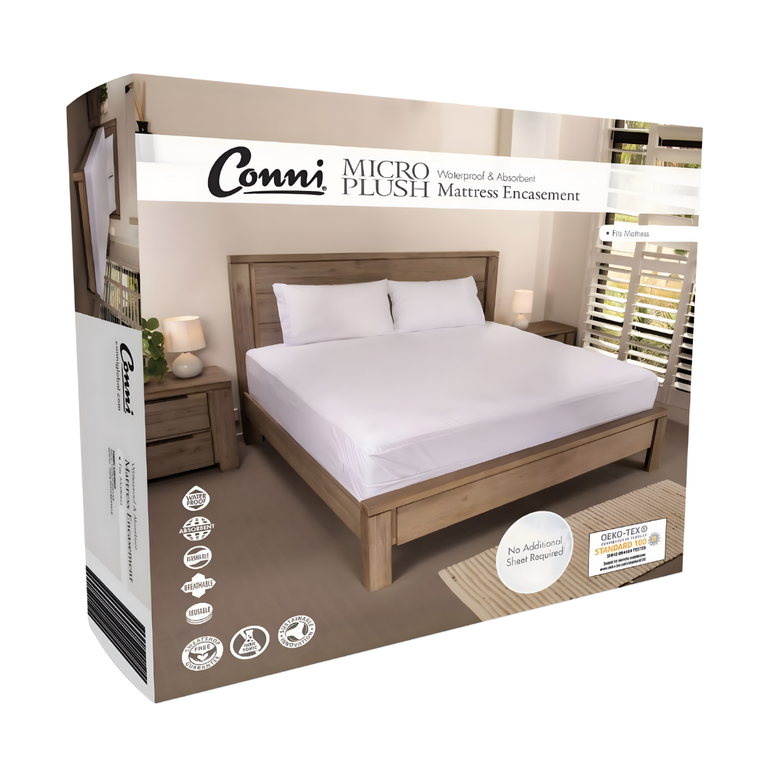 Conni Micro-Plush Waterproof Mattress Encasement in Single, Double, King Single, Queen and King sizes offers soft, washable full coverage bedding protection.