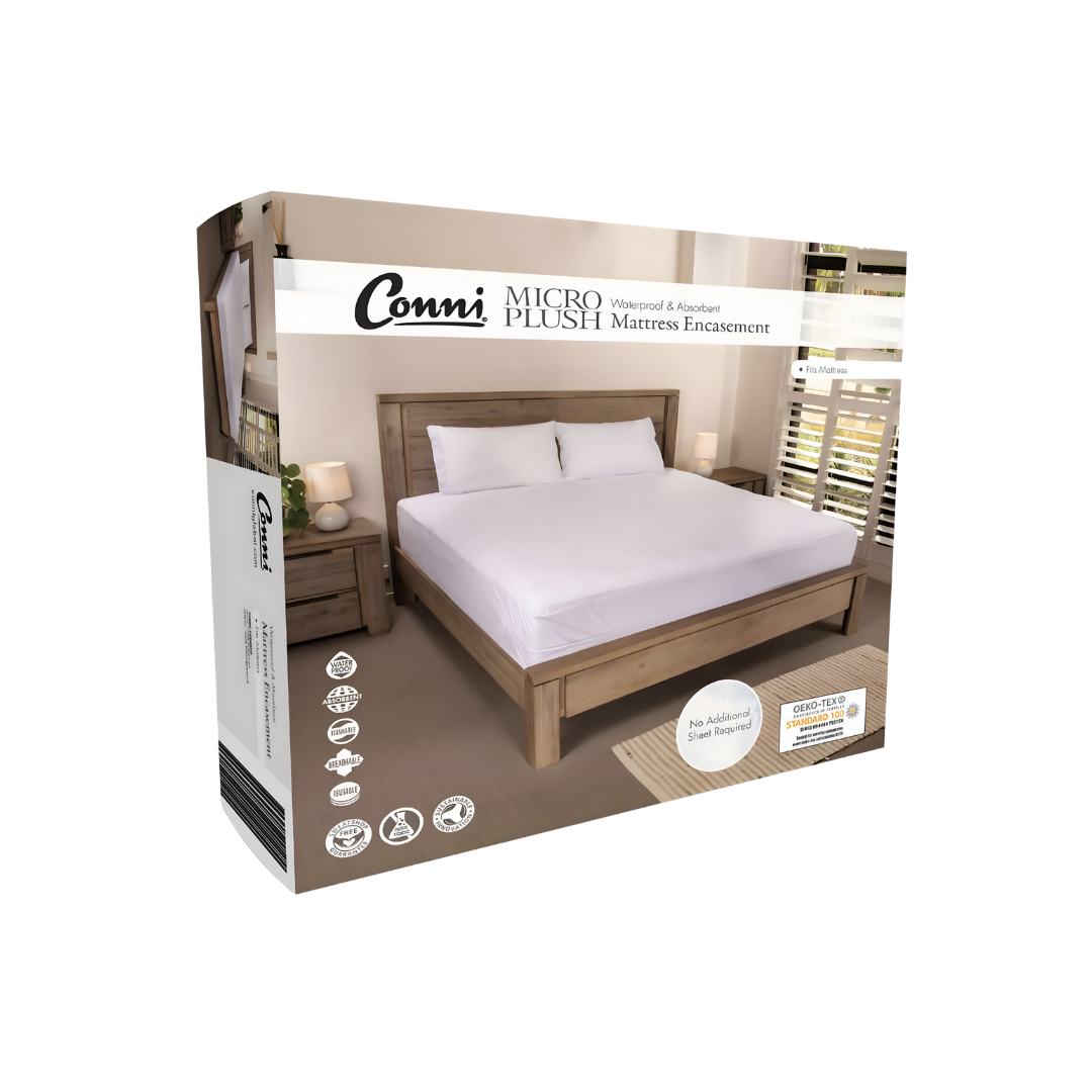 Conni Micro-Plush Waterproof Mattress Encasement in Single, Double, King Single, Queen and King sizes offers soft, washable full coverage bedding protection.