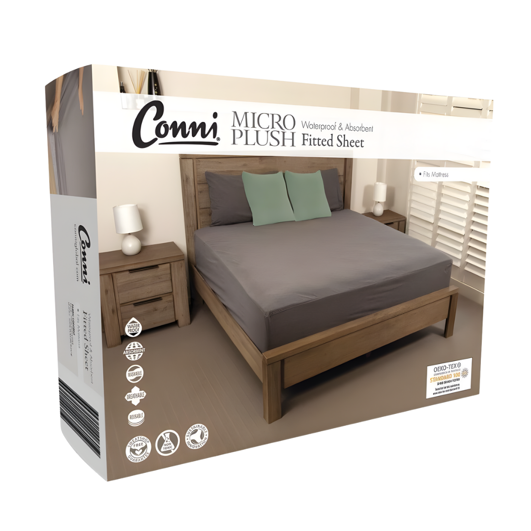 Conni Micro-Plush Waterproof Mattress Encasement in Single, Double, King Single, Queen and King sizes provides soft, washable full mattress protection with discreet comfort.