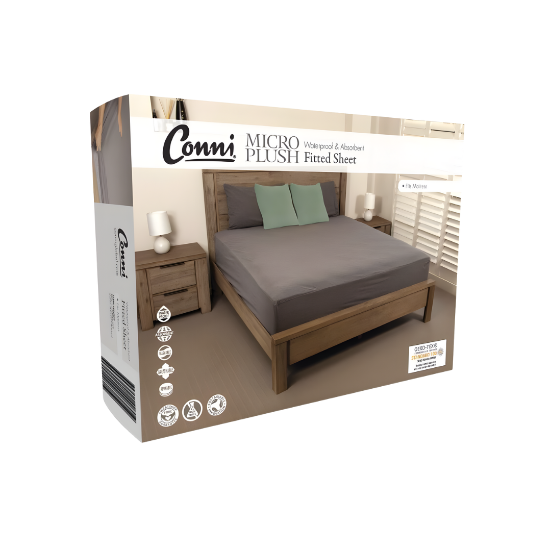 Conni Micro-Plush Waterproof Mattress Encasement in Single, Double, King Single, Queen and King sizes provides soft, washable full mattress protection with discreet comfort.