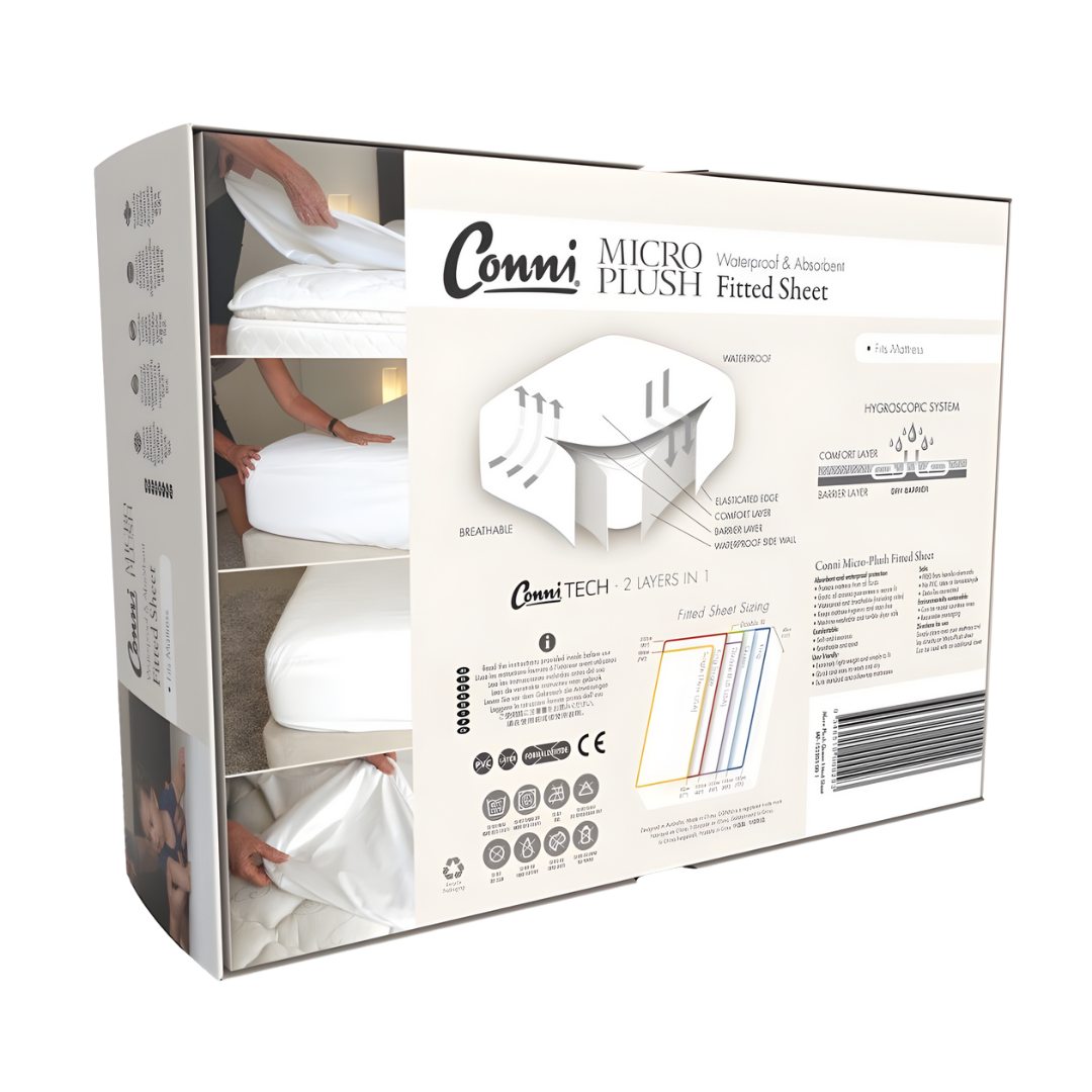 Conni Micro-Plush Waterproof Mattress Encasement in Single, Double, King Single, Queen and King sizes provides soft, washable full mattress coverage with discreet waterproof comfort.